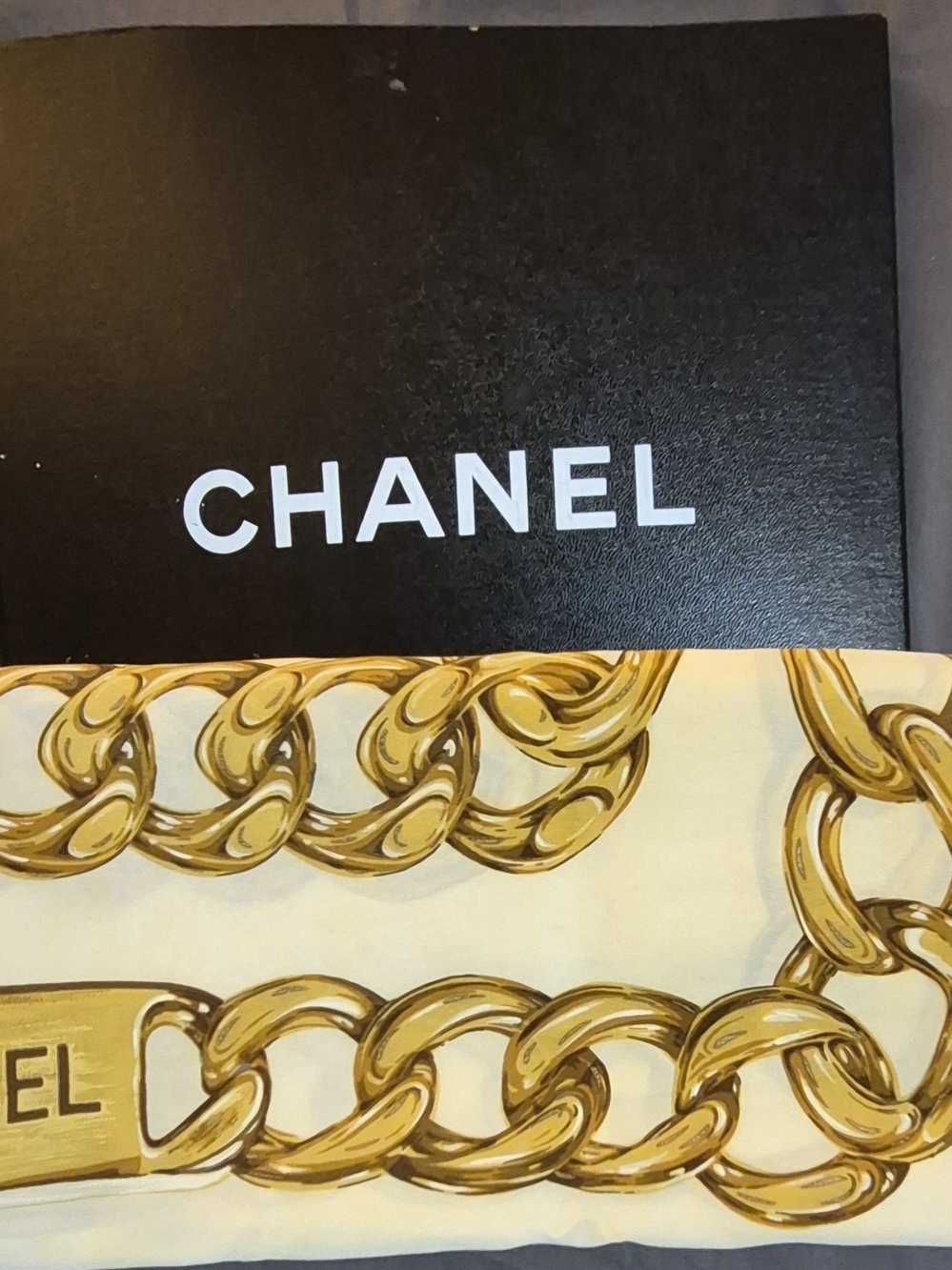 CHANEL Gold Chain Print Silk Scarf - Cream/Gold